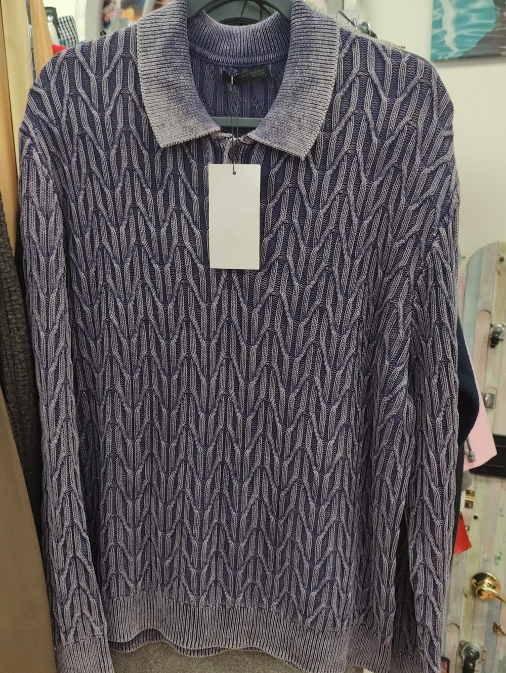 Zara L-XL Men's Textured Polo Knit Sweater in Lavender Blue Purple